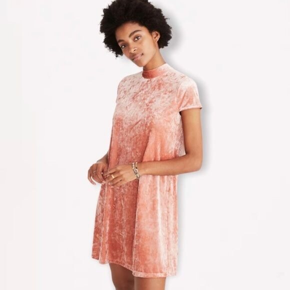 MADEWELL Crushed Velvet Mockneck Mini Dress in Peach Size S - Picture 2 of 10